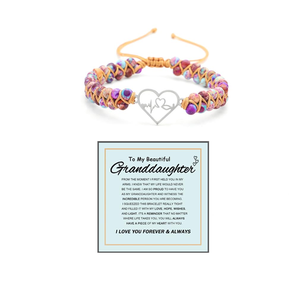 To My Granddaughter-Infinity Forever Love Heart Bracelet, Natural Emperor Stone Double Layer Purple Beaded Woven Wrap Bracelets Adjustable Mind Peace Gift Jewelry