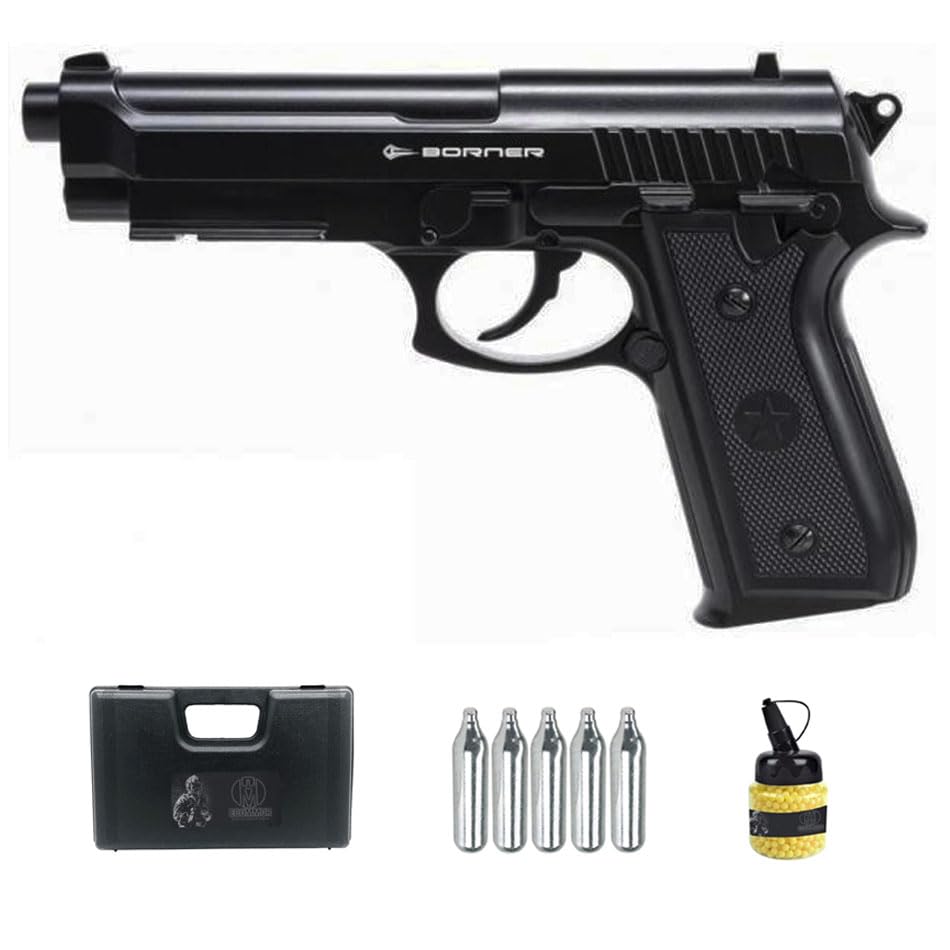 Pistola Borner 92M CO2 (6mm) | Pistola de Airsoft (Bolas de PVC) Calibre 6 mm + biberón 1000 Bolas 0,12g + 5co2 + maletín