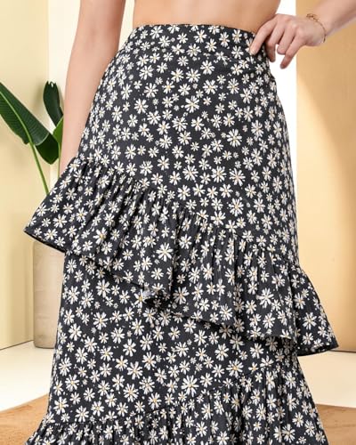 Image of OOMPH! Women Floral Printed Asymmetric Ruffled Midi Skirt | Elegant Flowy Fit | Mid-Rise | Lightweight & Breathable | Flared Hem | Summer Casual Skirt