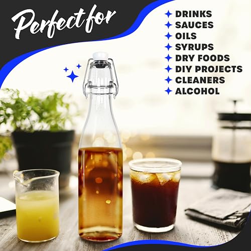 Nevlers 12 Oz Flip Top Glass Bottle 12 Pack | Clear Round Swing Top Glass Bottles with Airtight Lid, Shrink Wrap, Paper Tags + String, Foldable Funnel, Cleaning Brush, & Gold Labeling Marker
