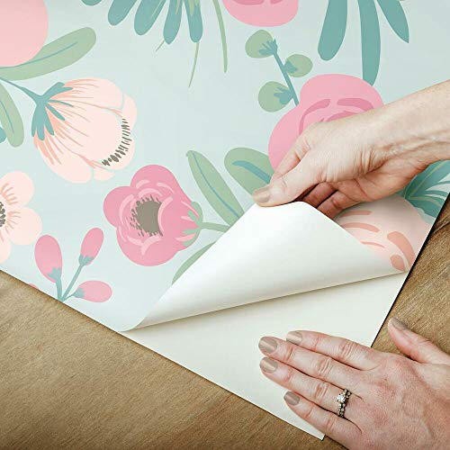 RoomMates RMK11626RL 45.72 cm x 5.74 m Vinyl Poppy Floral, Green and Pink, Vert Et Rose, 45 x 574 cm - Image 4