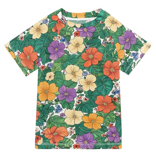 ALAZA Kids Rash Guard Boys Toddler Swim Shirts Short Sleeve Tropical Flowers Print UPF 50+ 3T