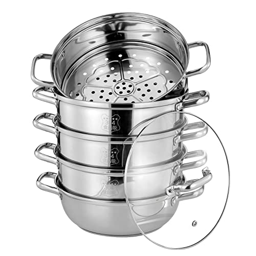 Qussse 5 Etagen Dampfgarer, 30cm Edelstahl Dampfkocher Mantovarka Dampftopf mit Glasdeckel Steamer Pot Gardampfkochtopf Set für Hause Restaurants Hotels