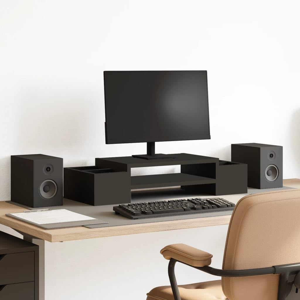 Monitorständer mit Stauraum Schwarz aus Holzwerkstoff 70x27x15 cm mit 4 Fächern für Büro Homeoffice Gaming und Studium zur verbesserten Ergonomie am Arbeitsplatz