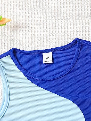 Image of SHENHE Girl's Colorblock Ribbed Knit Round Neck Sleeveless Slim Fit Tank Top Royal Blue 10Y