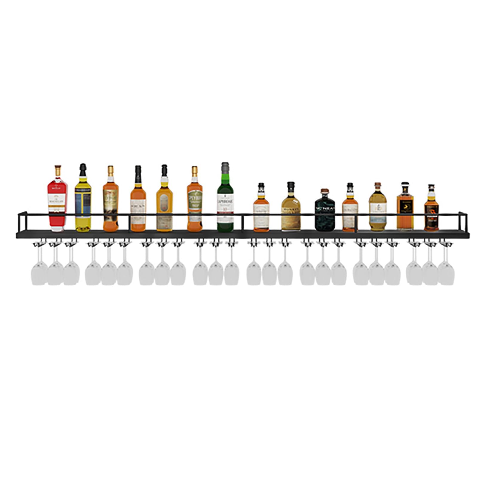 Moderno portabottiglie da parete con illuminazione a LED, mensola galleggiante nera per bottiglie di liquori, ripiani in metallo con supporto, per sala da pranzo, cucina e bar (150 cm)