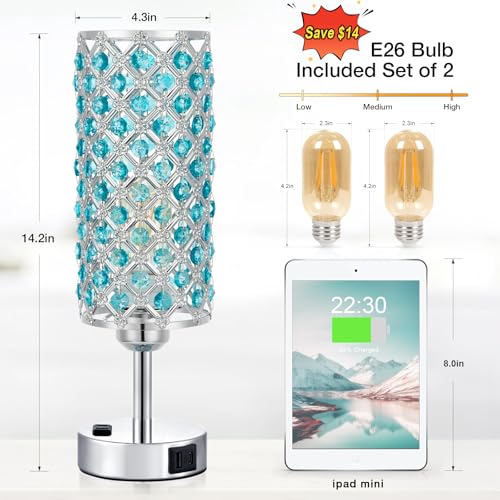 Image of Hong-in Blue Crystal Lamp Touch Control Set of 2, Crystal Table Lamps with USB C+A Ports & AC Outlet, 3-Way Dimmable Nightstand Touch Lamp, Modern Bedside Table Lamp for Bedroom(Bulbs Included)
