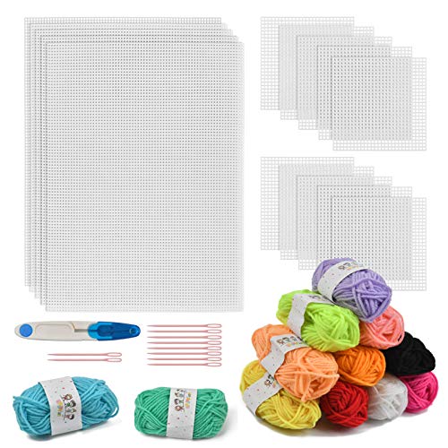 BUYGOO 38Pcs Mesh Plastic Canvas Sheets Kit Including 15 Pieces Clear Plastic Canvas, 12 Color Acrylic Yarn and Embroidery Tools for Embroidery Plastic Canvas Craft