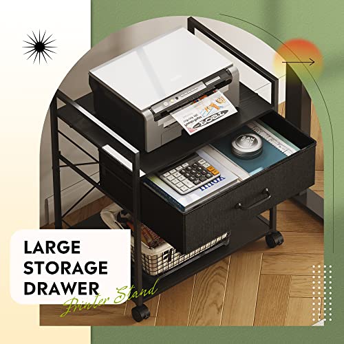 Devaise Mobile Printer Stand With Storage Drawer, Vintage Fabric File Cabinet Printer Cart For Home Office, Black #TOP2