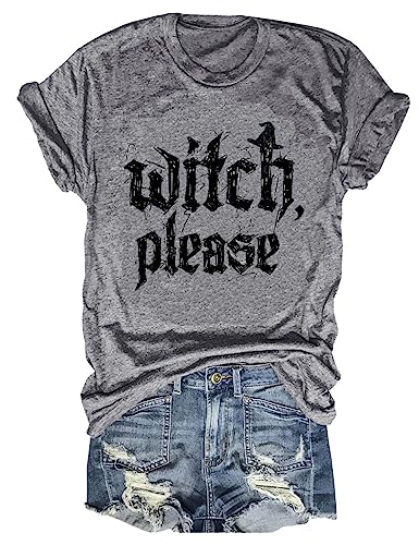 kfulemai Womens Halloween T-Shirt Funny Short Sleeve Witch Please Graphic Tees Tops(S,Grey-1)