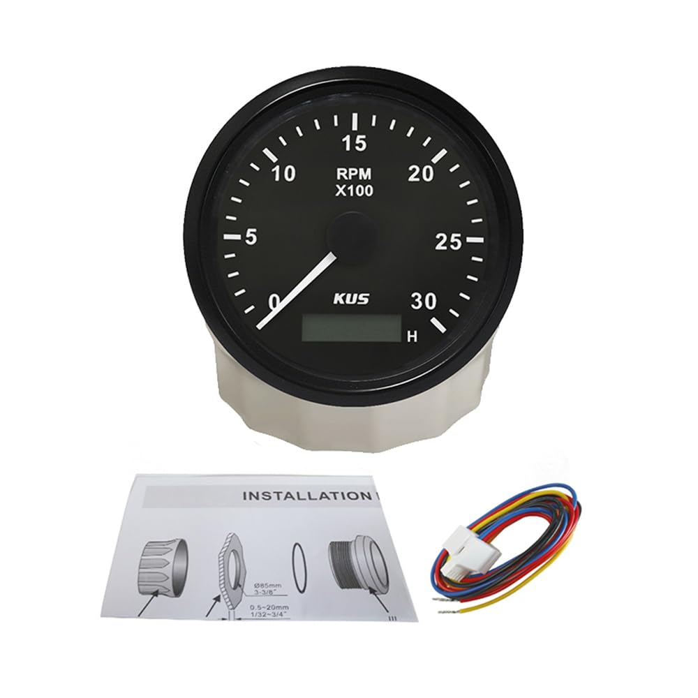 KUS 85MM Tachymètre Diesel 3000 RPM Compteur Jauge avec Compteur Horaire avec Rétroéclairage 12Volts 24V pour Bateau Tracteurs Pelle Chariot Élévateur
