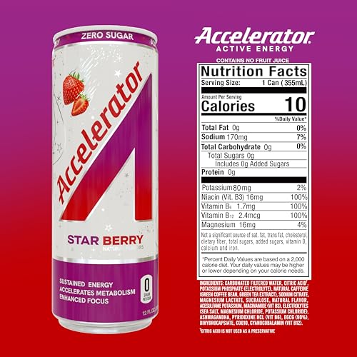 Image of Accelerator Active Energy Drink, Star Berry 12oz can (12 pack) | Zero Sugar, Sustained Energy from 100% Natural Caffeine (200mg from Green Coffee Bean & Green Tea extract)