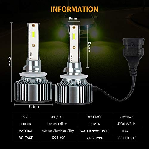 1797 Led Headlight Fog Lights Bulbs 880 881 Lemon Yellow Lime Color For Cars Trucks Drl Lamps Kit Fan High Low Beam Ballast Bright Replacement Plug And Play 12V 24V 28W 4000Lm Csp Led Chips Pack Of 2 #TOP4