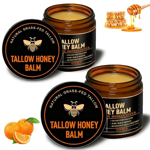 UMHWYZW 2PCS Organic Beef Tallow for Skin Grass Fed Tallow and Honey Balm for Face Tallow Face Moisturizer with Raw Honey Natural Soothing Moisturizing Cream for Dry Sensitive Skin(Citrus)