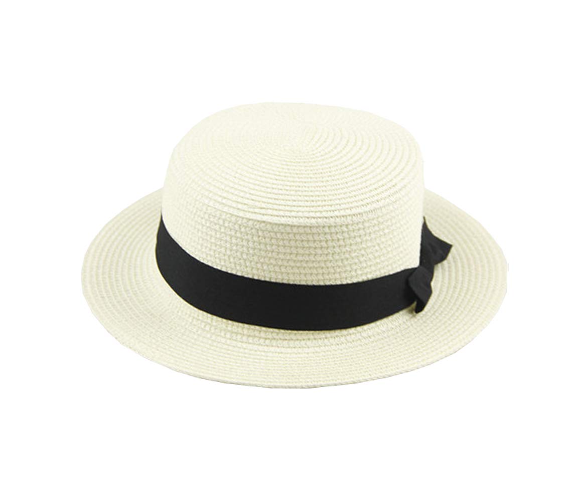 ACVIP Women's Solid Color Straw Boater Hat with Bow Band (Cream)
