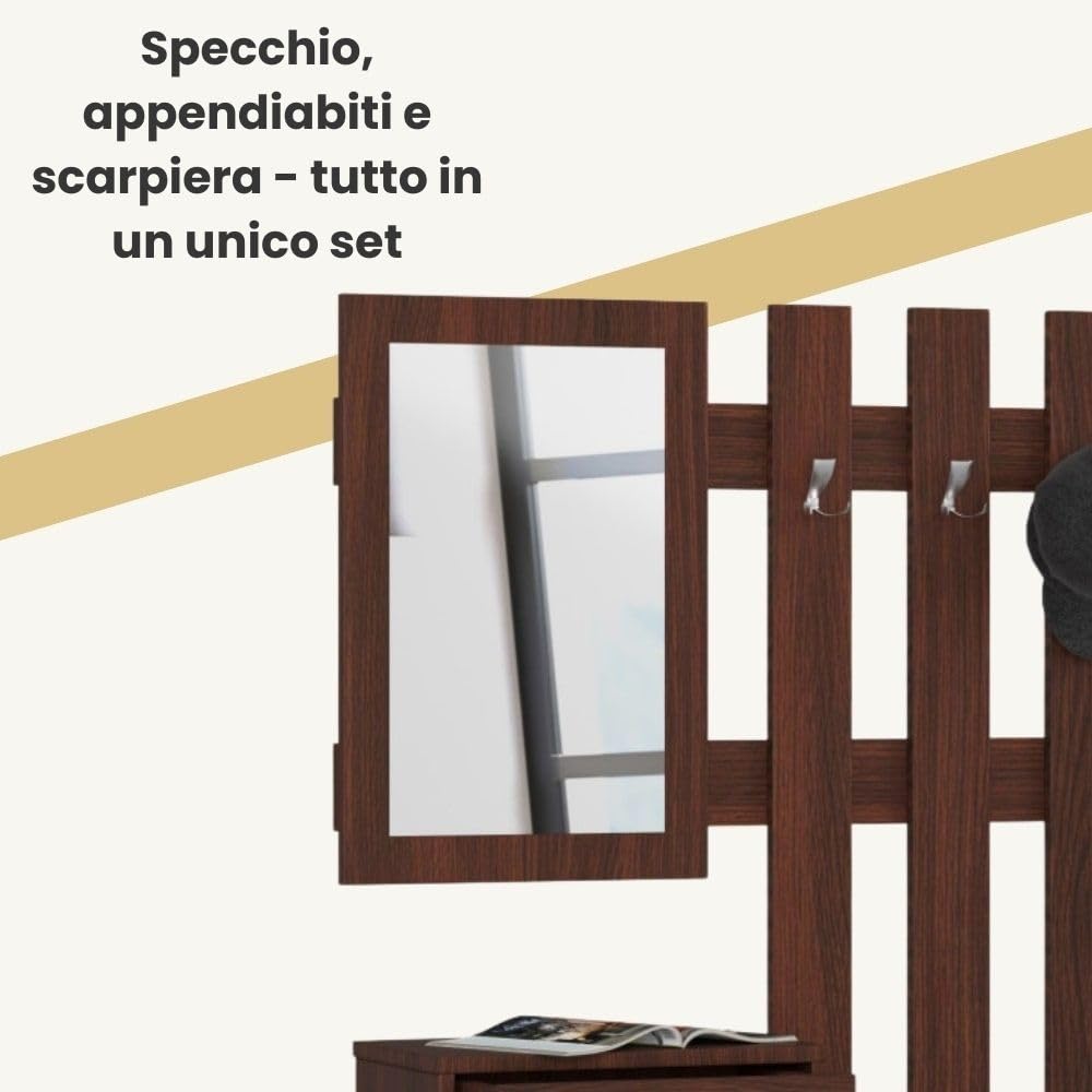 AKORD | Guardaroba Completo 2 Pezzi | Scarpiera con Piano e Cassetto 90 x 70 x 25 cm | e Appendiabiti a Muro con Specchio 90 x 100 cm | Set Completo Ingresso | Peso 39 kg | Wenge