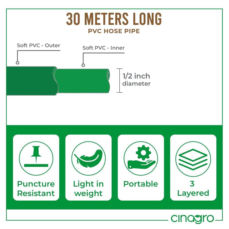 Image of Cinagro 30 Meter 0.5 inch Heavy Duty PVC Garden Hose Pipe with Tap Adapter & 3 Clamps, Lightweight, Durable & Flexible, Water Pipe for Garden, Water Hose Pipe, Car Washing (98.4 feet, Pink)