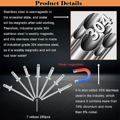 Image of 100pcs 1 /8 x 1 /2 inch 304 Stainless Steel Pop Rivets, 3.2 x 12.7mm Blind Rivets for DIY /Automotive Repairs /Furniture