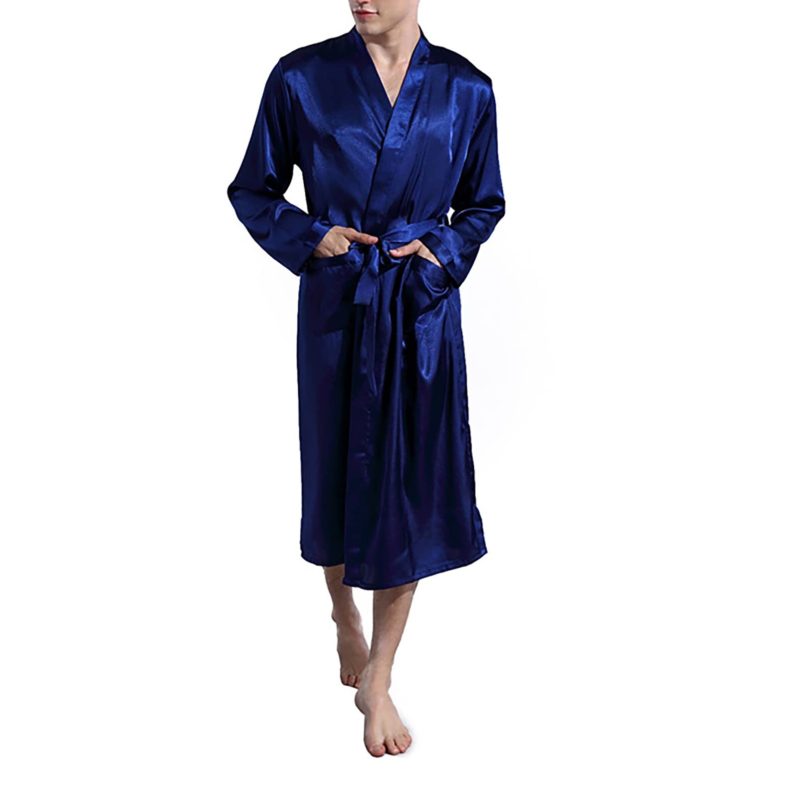 Generic Bata para hombre Albornoz de satén ligero para hombre, verano ligero, manga larga, bata larga con cinturón, bata de casa, ropa de dormir de verano, pijama de seda, kimono, ropa de dormir regalos para