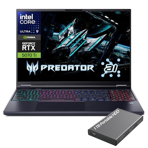 Acer Predator Helios Neo 16 AI Gaming Laptop Intel Core Ultra 9 275HX NVIDIA GeForce RTX 5070 Ti 16 WQXGA 240Hz G-SYNC 32GB DDR5 1TB Gen 4 SSD Wi-Fi 6E RGB Backlit Win 11 w/1TB Portable HDD