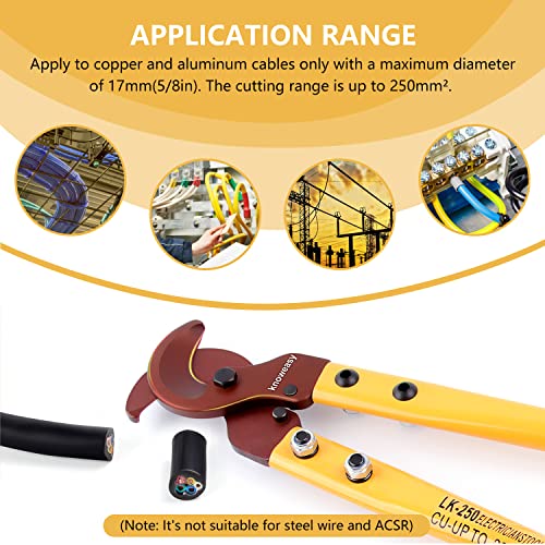 Image of Cable Cutter,Knoweasy LK-250 Wire Rope Cutter and Heavy Duty Wire Cutter with Long Labor Saving Arms for Copper Aluminum Wire up to 250mm
