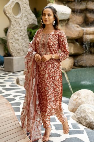 Image of MIRCHI FASHION Pure Cotton Floral Kurta Set for Women with Dupatta & Pant | 3 Piece Straight Fit Ethnic Outfit | Breathable Summer Salwar Suit