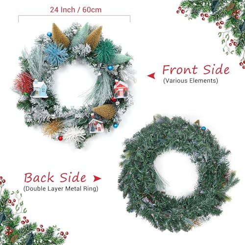 Christmas Wreaths for Front Door, 24-Inch Snow Frosted Wreath with Rustic House and Pinecones, Farmhouse Winter Xmas Wreath for Fireplace, Table, Windows, Walls