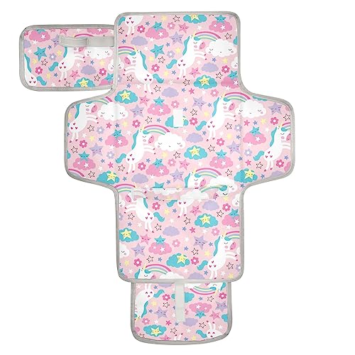 Image of Portable Changing Pad for Baby - Pink Unicorn Waterproof Diaper Changing Mat Travel Changing Pad with Built-in Pillow - Shower Gift for Baby