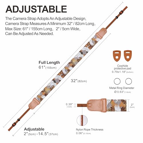 Image of Padwa Lifestyle Brown Crane Camera Strap - 2 inch Cowhide Leather Head Cotton Camera Straps for Photographers,Vintage Japanese Art Print Adjustable Neck & Shoulder Strap for ALL DSLR /SLR Cameras