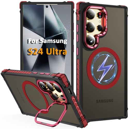 Coque Samsung S24 Ultra antichoc avec support camera bague compatible MagSafe rouge
