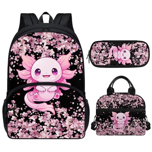 Xhuibop Kids Axolotl Backpack for Girls 3pcs Cherry Blossom School Bag with Lunch Bag Zipper Pencil Pouch Aesthetic Elementary School Bookbag Set