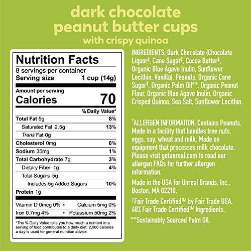UNREAL Dark Chocolate Crispy Quinoa Peanut Butter Cups - Vegan, Gluten Free, Less Sugar (6 Bags)