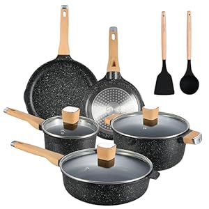 Garlie 10pcs Pots and Pans Set, Nonstick Black Granite Set, Cookware Sets Suitable for Gas, Electric, Induction, Kitchen Cooking Set with Frying Pans, Saucepans, Casserole, Dishwasher Safe