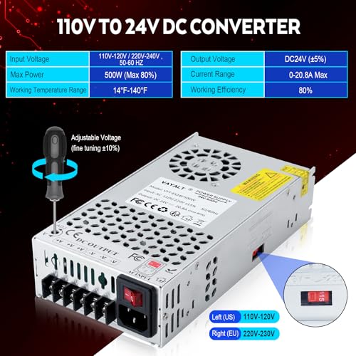 Image of VAYALT Upgraded DC 24V Power Supply (20.8A 500W), Universal Regulated Switching AC 110V /220V to DC 24V Transformer, Switching Power Supply for Industrial, Computer Project, 3D Printer, LED Strip Light