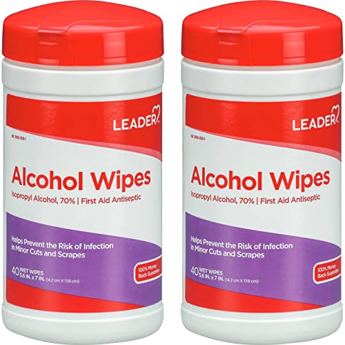 Leader Alcohol Wipes, Alcohol Isopropyl 70%, First Aid Antiseptic Hand Sanitizing Towelettes, 40 Count, Pack of 2