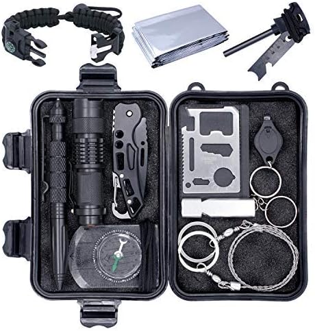 Emergency Survival Kit, 13 in 1 Outdoor Survival Gear, Lifesaving Tools with Military Compass, Saber Card, Whistle, for Travel Hike Field Camp，Father's Day, Boyfriend, Boy Scout's Best Gift
