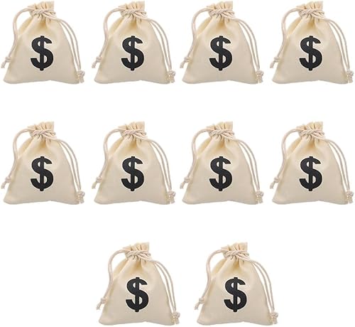 Cabilock 10 bolsas de dinero de lona para fiestas, bolsa de dinero con cordón, bolsa de dinero para disfraces con símbolo de signo de dólar,