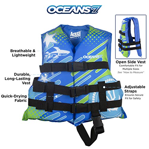 New & Improved Oceans7 US Coast Guard Approved, Child Life Jacket, Flex-Form Chest, Open-Sided Design, Type III Vest, PFD, Personal Flotation Device, Blue/White