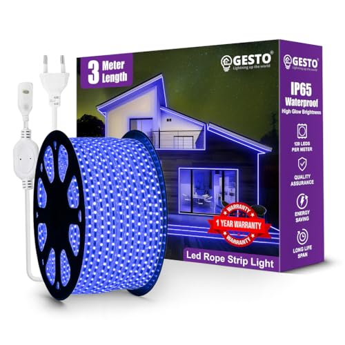 Image of Gesto 3 Meter Rope LED Strip Lights | 120 LED /Mtr Waterproof Outdoor Lights for Balcony, Home Decor, Cove Light for False Ceiling | Flexible, Cuttable Strip Light for Diwali Decoration - Blue
