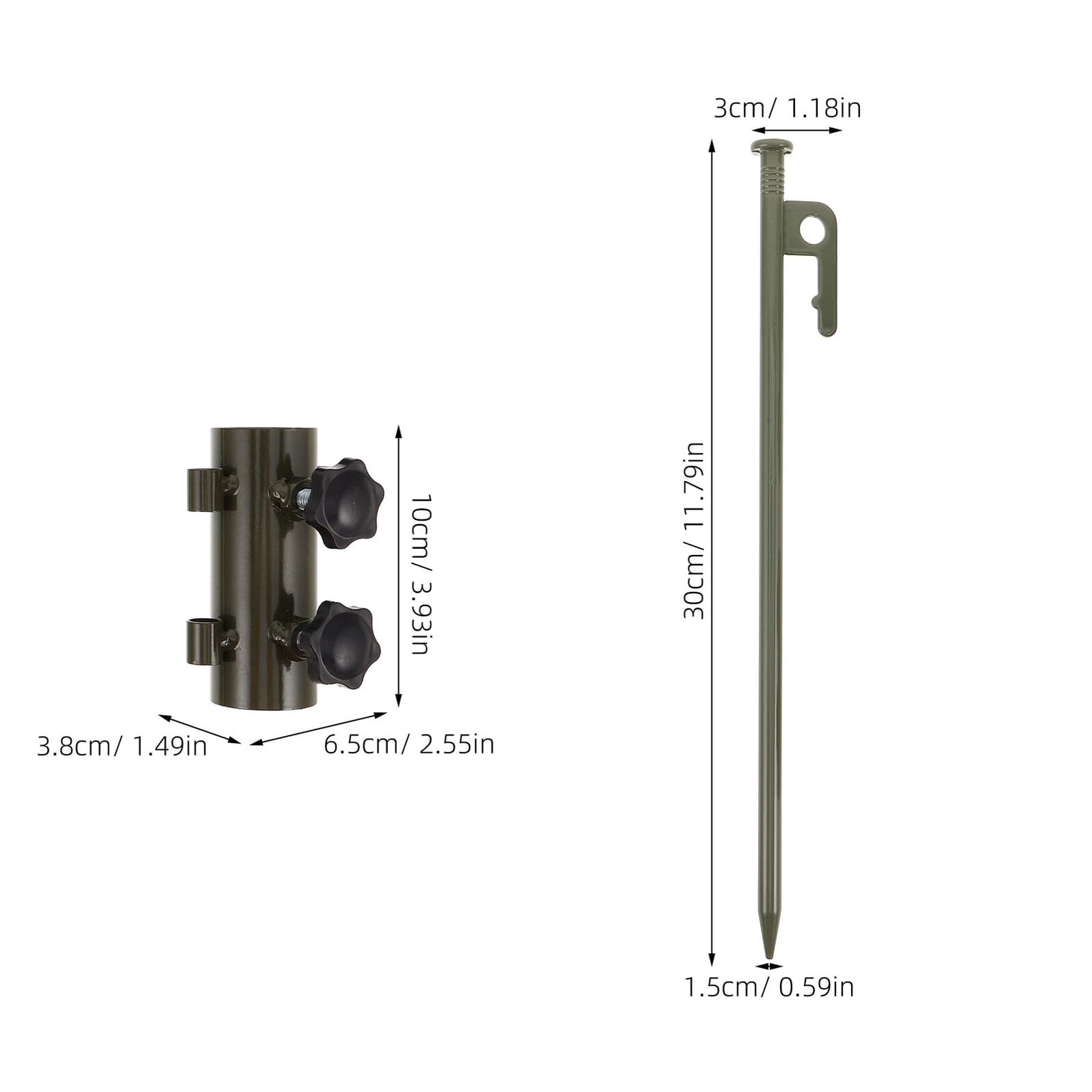 Toyvian Piquets de Camping en Acier Militaire Robustes Vert Armée, Kit Fixation pour Mâts de Tente Télescopiques avec 2 Fixateurs Réglables et 4 Piquets de 30 Cm, Accessoire pour Camping