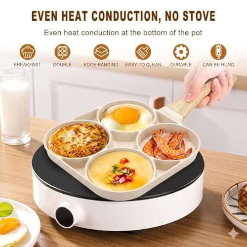 Image of Niyam 4 Hole Non Stick Egg Frying Pan with Wooden Texture Handle, Granite Coated Multi Section Omelet Pancake Pan, Induction and Gas Compatible Breakfast Skillet Cooking Pans (White B, 17cm)