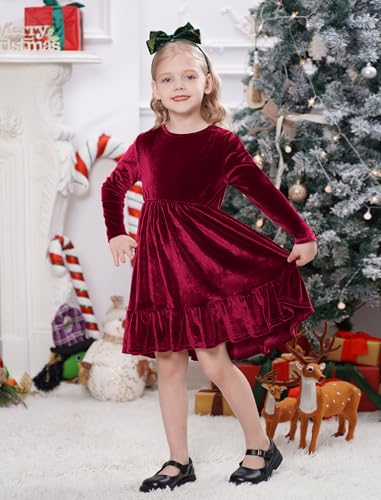 IDOPIP Baby Girl Toddler Velvet Dress Ruffle Long Sleeve Christmas Party Wedding Birthday Holiday Dresses Winter Fall Clothes4