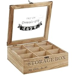 ToCi Caja de té de madera natural con 9 compartimentos, cuadrada, caja de té, caja de almacenamiento, 24 x 24 x 8,5 cm (largo x ancho x alto), diseño retro