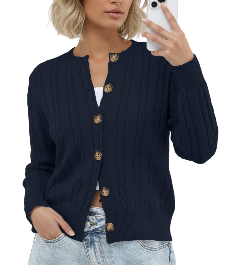 GRECERELLE Cárdigan de punto para mujer, manga larga, elegante, cuello redondo, cárdigan suave, suéter informal, clásico, abrigo de punto con botones, otoño, invierno, primavera, azul marino, L