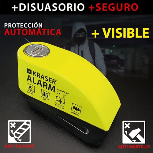 KRASER 6Y Candado Moto con Alarma 110dB, Antirrobo Disco Reforzado, 3 Llaves (Otros 2) Alta Seguridad Impermeable Accesorios Cable Bolsa Pilas, Pinza Bloqueo 6mm Universal Scooter Bicicleta A/N - Imagen 4