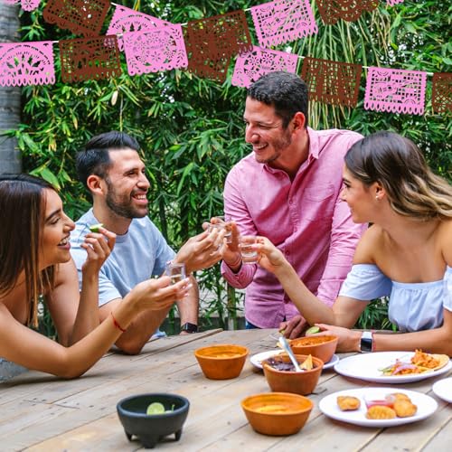 Image of VitalCozy 4 Pack 59 ft Mexican Papel Picado Banner Plastic Mexican Talavera Party Fiesta Banner Wedding Hanging Decorations for Cinco De Mayo Cielito Lindo Party Supplies(Pink Brown)