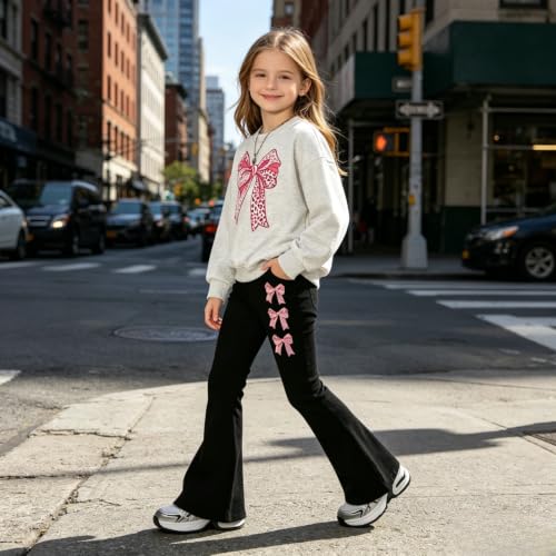 Image of Girls Clothes 2 Piece Cute Bow Print Sweatshirt & Flare Pants Fall Winter Outfits Set Size 7-14Y