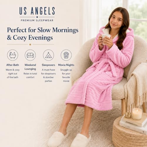 Image of US Angels Plush Robe For Girls- Plush Winter PJ Robe With Pockets, Hoodie & Belt- Ultra-Soft Bathrobe