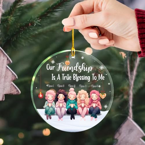 Friendship True Blessing Clear Plastic Ornaments, Christmas Decorations Personalized Name Five Girls Wear Sweater Hat with Chocolate Cup Acrylic Ornaments, Gifts for Sister Friends Bestie Siblings3