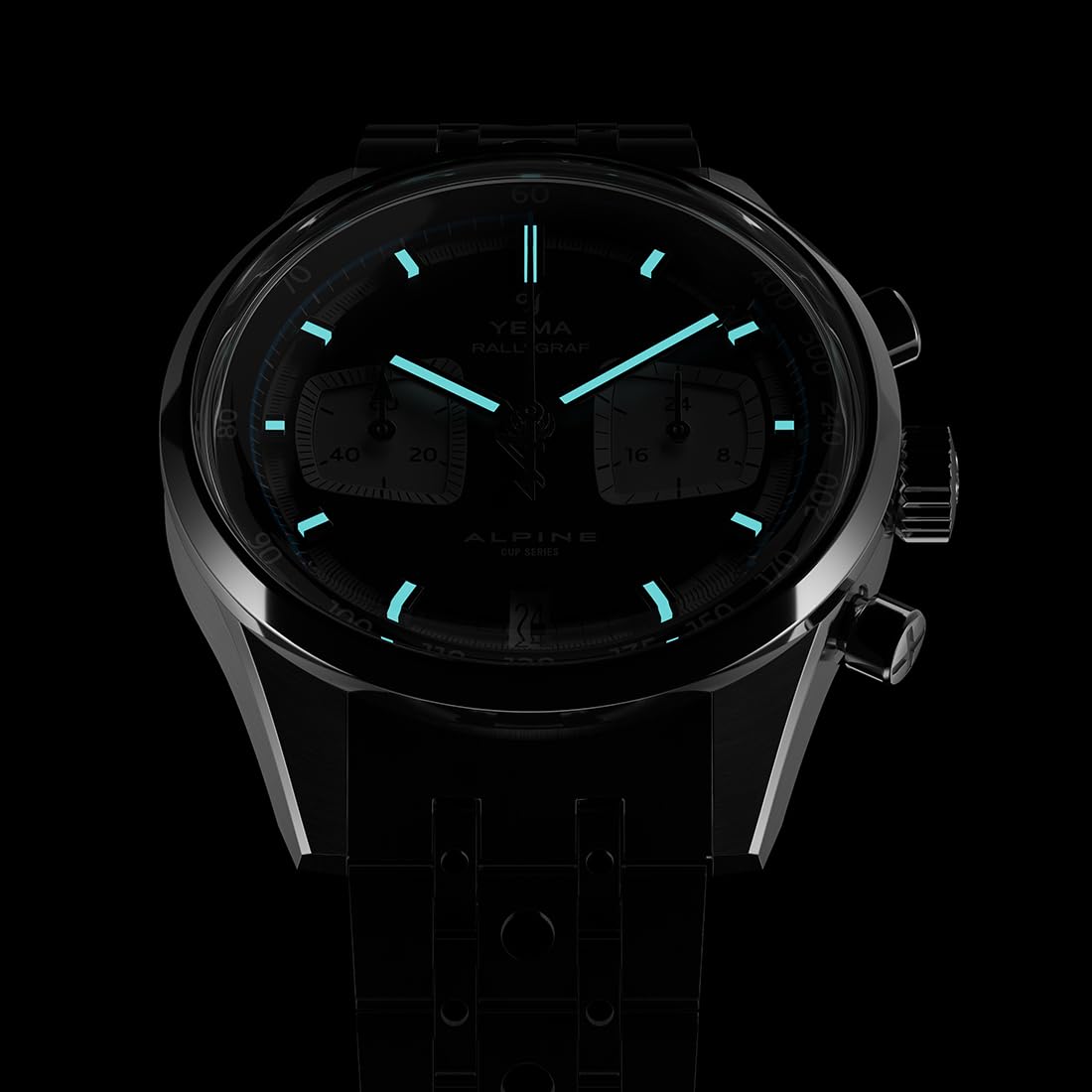 YEMA Rallygraf Alpine Cronógrafo Híbrido Mecánico Cuarzo Acero Negro Cuero Blanco Fecha Reloj Hombre